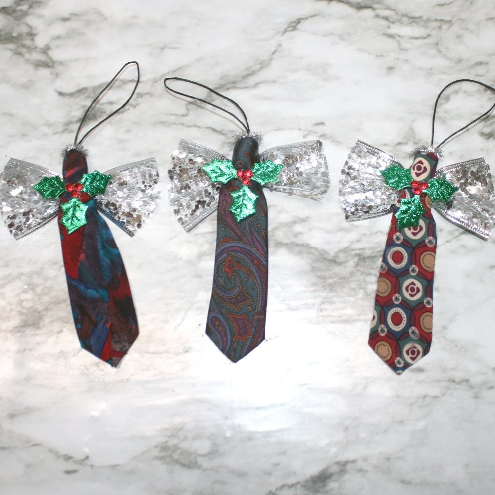 UPCYLCED Necktie Ornaments Christmas Angel Hand Crafted Abstract Neck Tie Set